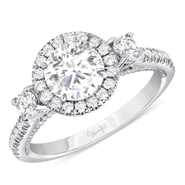 3-Stone-Halo Round Engagement Ring