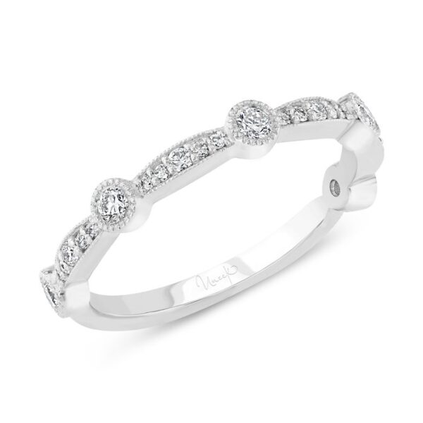 Diamond Wedding Band with Milgrain-Trimmed Pave Bars and Bezel Station Accents