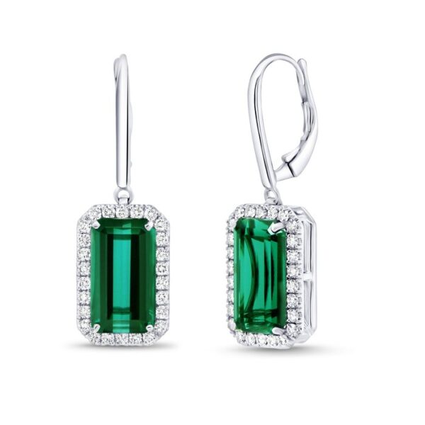 Halo Emerald Cut Green Tourmaline Drop Earrings