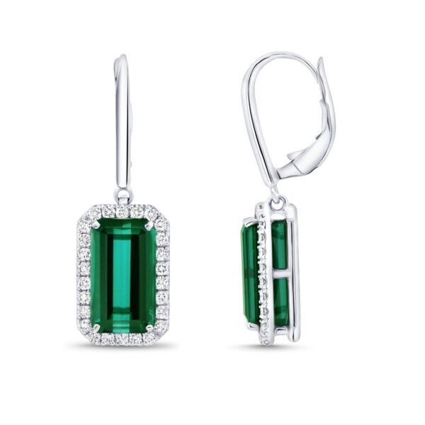 Halo Emerald Cut Green Tourmaline Drop Earrings - Image 2