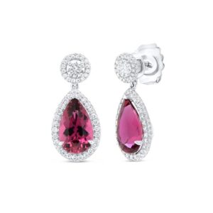 Halo Cushion Cut Rubellite Dangle Earrings
