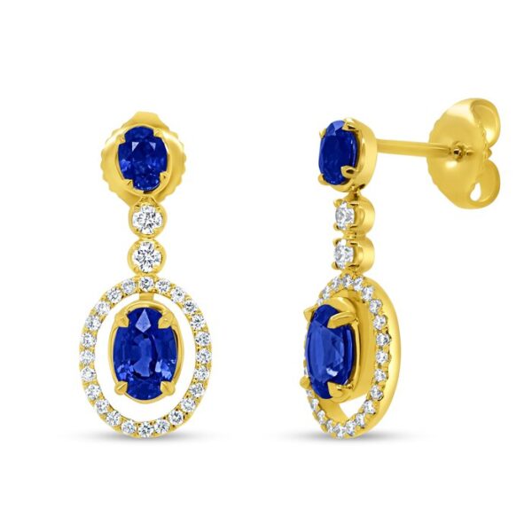 Halo Oval Shaped Blue Sapphire Drop Earrings