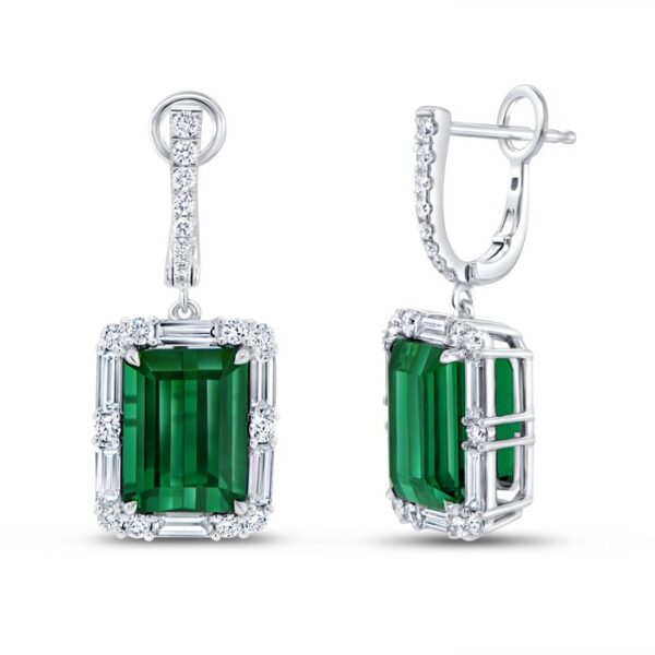 Halo Emerald Cut Green Tourmaline Dangle Earrings