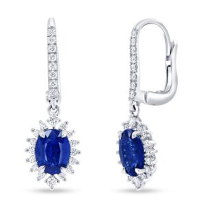 Halo Oval Shaped Blue Sapphire Dangle Earrings