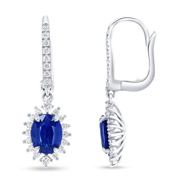 Halo Oval Shaped Blue Sapphire Dangle Earrings - Image 2