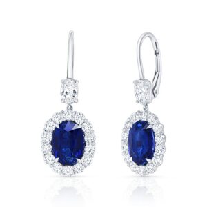 Halo Oval Shaped Blue Sapphire Dangle Earrings