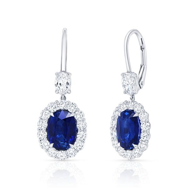 Halo Oval Shaped Blue Sapphire Dangle Earrings