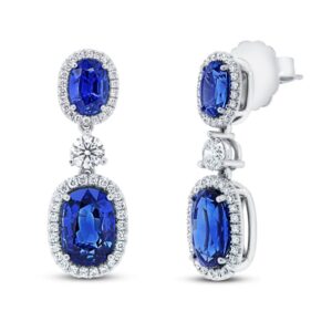 Halo Oval Shaped Blue Sapphire Drop Earrings
