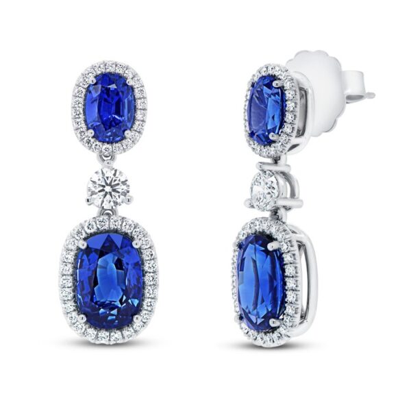 Halo Oval Shaped Blue Sapphire Drop Earrings