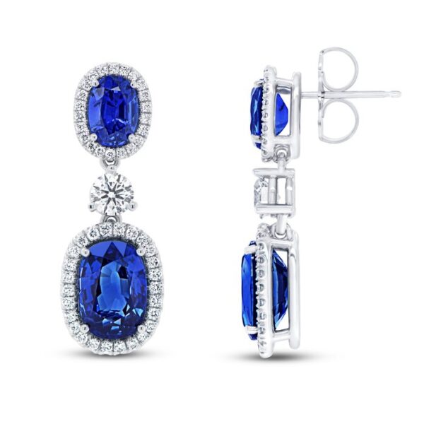 Halo Oval Shaped Blue Sapphire Drop Earrings - Image 2