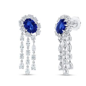 Halo Oval Shaped Blue Sapphire Dangle Earrings