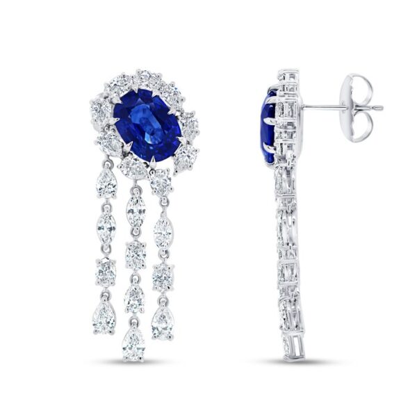 Halo Oval Shaped Blue Sapphire Dangle Earrings - Image 2