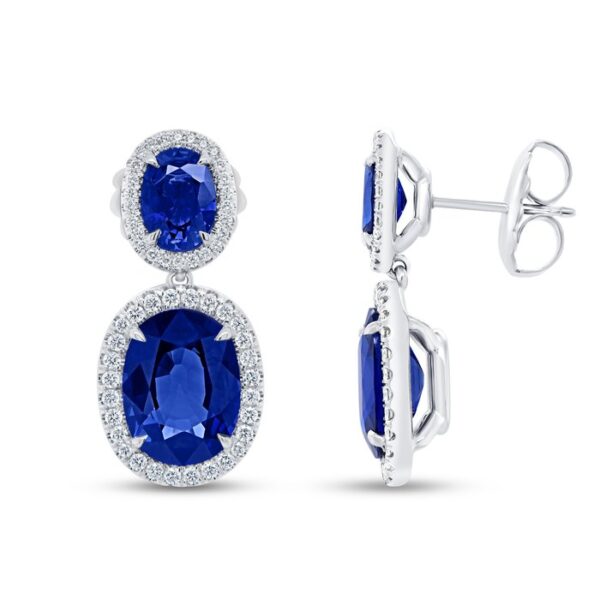 Halo Oval Shaped Blue Sapphire Dangle Earrings - Image 2