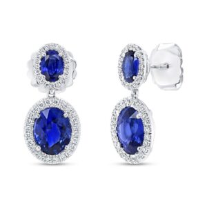Halo Oval Shaped Blue Sapphire Dangle Earrings