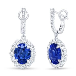 Halo Oval Shaped Blue Sapphire Dangle Earrings