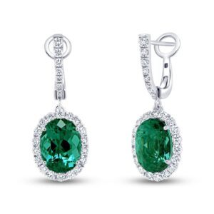 Halo Oval Shaped Green Tourmaline Dangle Earrings