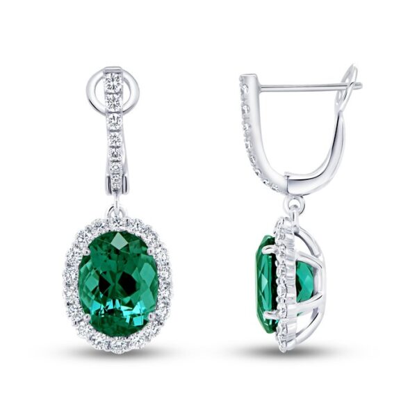 Halo Oval Shaped Green Tourmaline Dangle Earrings - Image 2