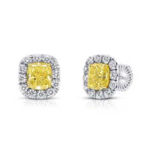 Halo Cushion Cut Yellow Diamond Stud Earrings