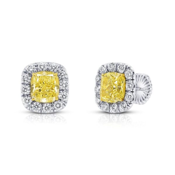 Halo Cushion Cut Yellow Diamond Stud Earrings