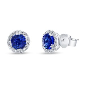 Halo Round Blue Sapphire Stud Earrings