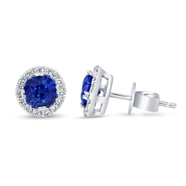 Halo Round Blue Sapphire Stud Earrings - Image 2
