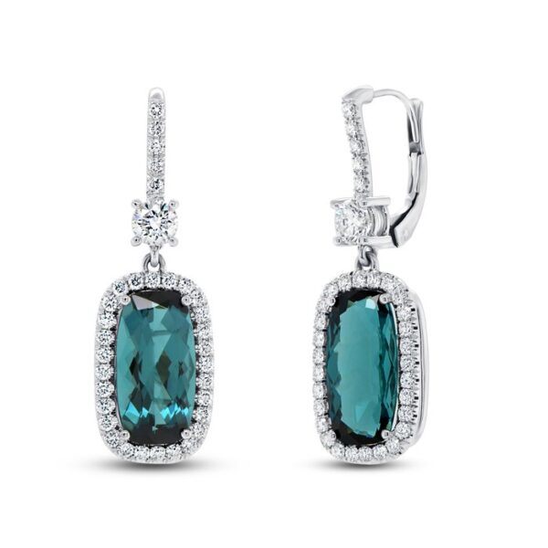 Halo Cushion Cut Indicolite Tourmaline Dangle Earrings