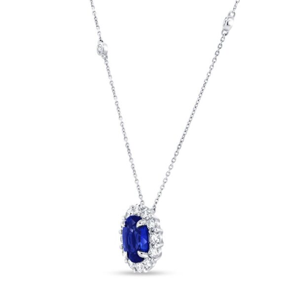 Halo Oval Shaped Blue Sapphire Drop Pendant - Image 2
