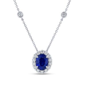 Halo Oval Shaped Blue Sapphire Drop Pendant