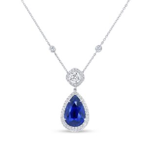 Halo Pear Shaped Blue Sapphire Drop Pendant