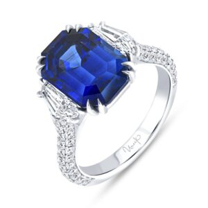 Three-Stone Emerald Cut Blue Sapphire Engagement Ring
