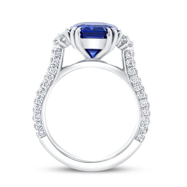Three-Stone Emerald Cut Blue Sapphire Engagement Ring - Image 3
