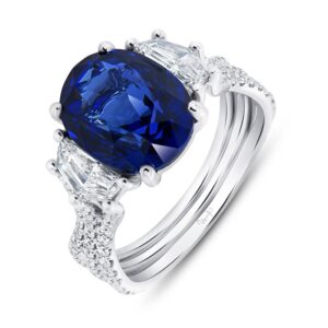 Three-Stone Oval Shaped Blue Sapphire Engagement Ring