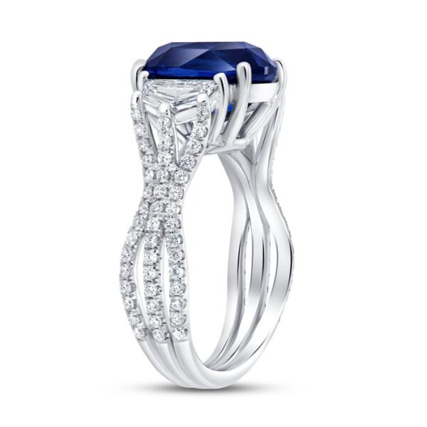 Three-Stone Oval Shaped Blue Sapphire Engagement Ring - Image 2