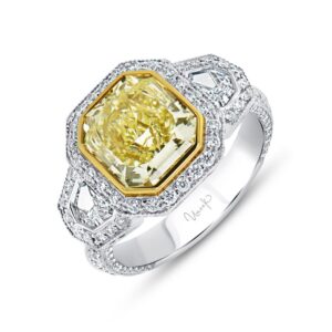 3-Stone-Halo Radiant Yellow Diamond Engagement Ring
