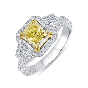 3-Stone-Halo Radiant Yellow Diamond Engagement Ring