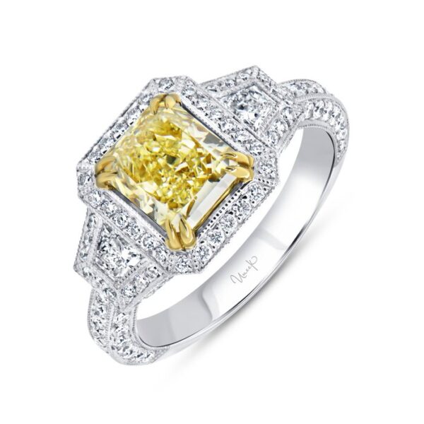 3-Stone-Halo Radiant Yellow Diamond Engagement Ring