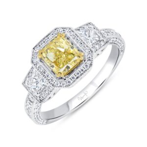 3-Stone-Halo Cushion Cut Yellow Diamond Engagement Ring