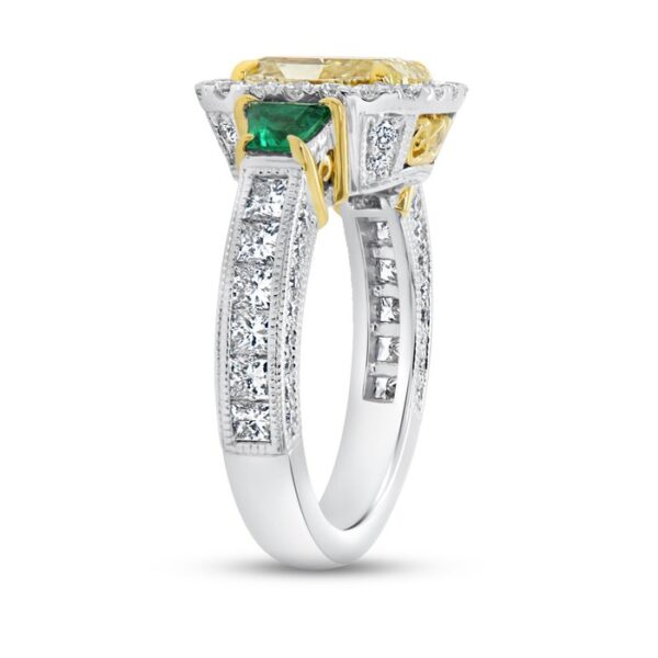 Three-Stone Cushion Cut Yellow Diamond Engagement Ring - Image 2