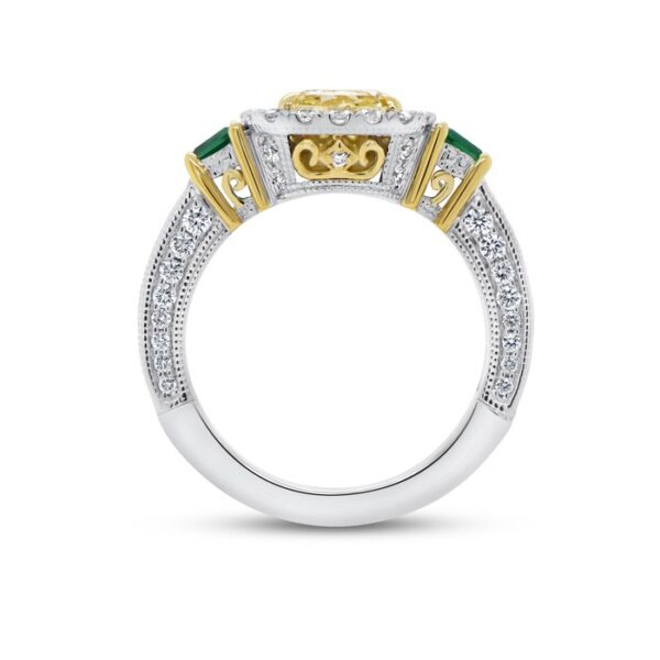 Three-Stone Cushion Cut Yellow Diamond Engagement Ring - Image 3