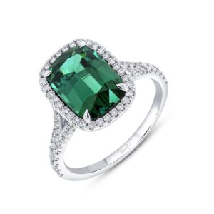 Halo Cushion Cut Indicolite Tourmaline Engagement Ring