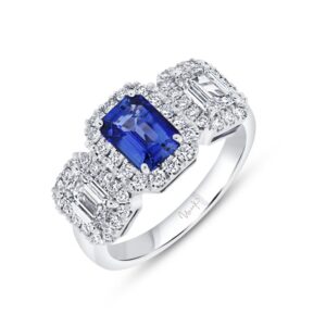 3-Stone-Halo Emerald Cut Diamond Engagement Ring