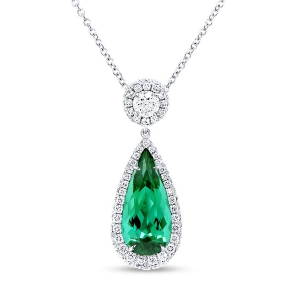 Double-Halo Pear Shaped Green Tourmaline Drop Pendant