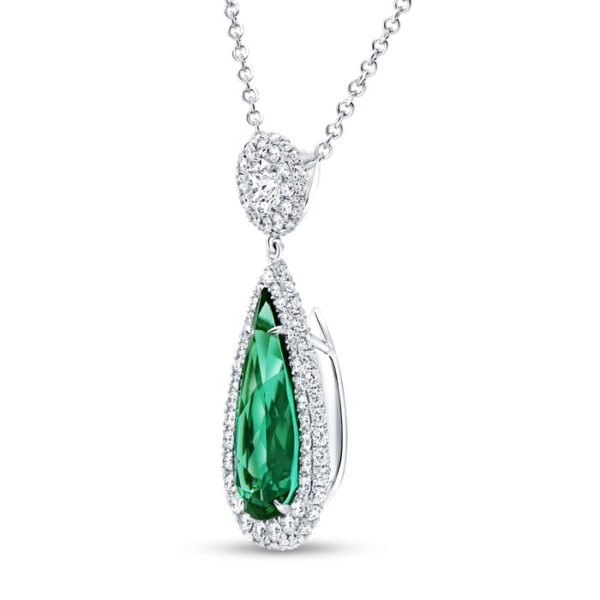 Double-Halo Pear Shaped Green Tourmaline Drop Pendant - Image 2