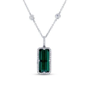 Halo Emerald Cut Indicolite Tourmaline Drop Pendant