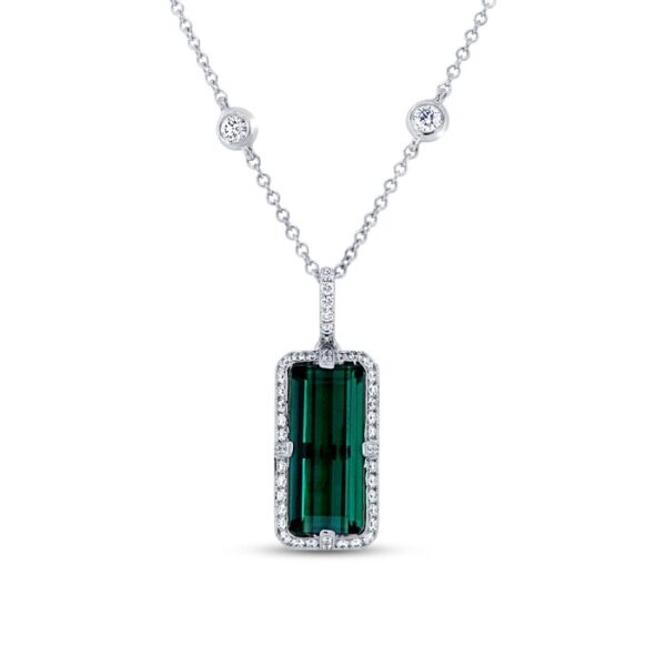 Halo Emerald Cut Indicolite Tourmaline Drop Pendant