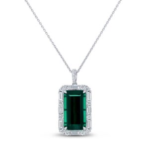 Halo Emerald Cut Green Tourmaline Brooch Pendant
