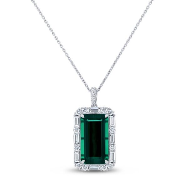 Halo Emerald Cut Green Tourmaline Brooch Pendant