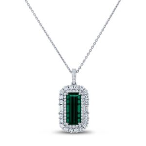Halo Emerald Cut Green Tourmaline Brooch Pendant