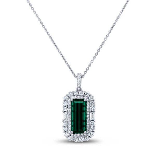 Halo Emerald Cut Green Tourmaline Brooch Pendant