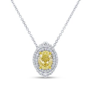 Double-Halo Oval Shaped Fancy Light Yellow Diamond Brooch Necklace